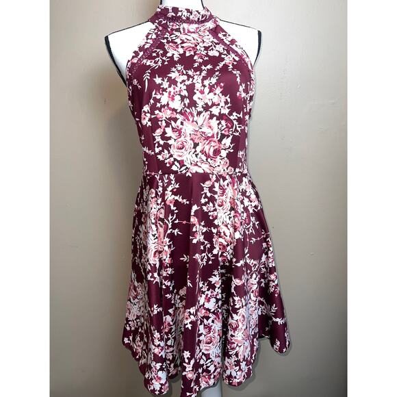 B. Darlin juniors burgundy flowers flare   halter neck dress 13/14 - Picture 1 of 11